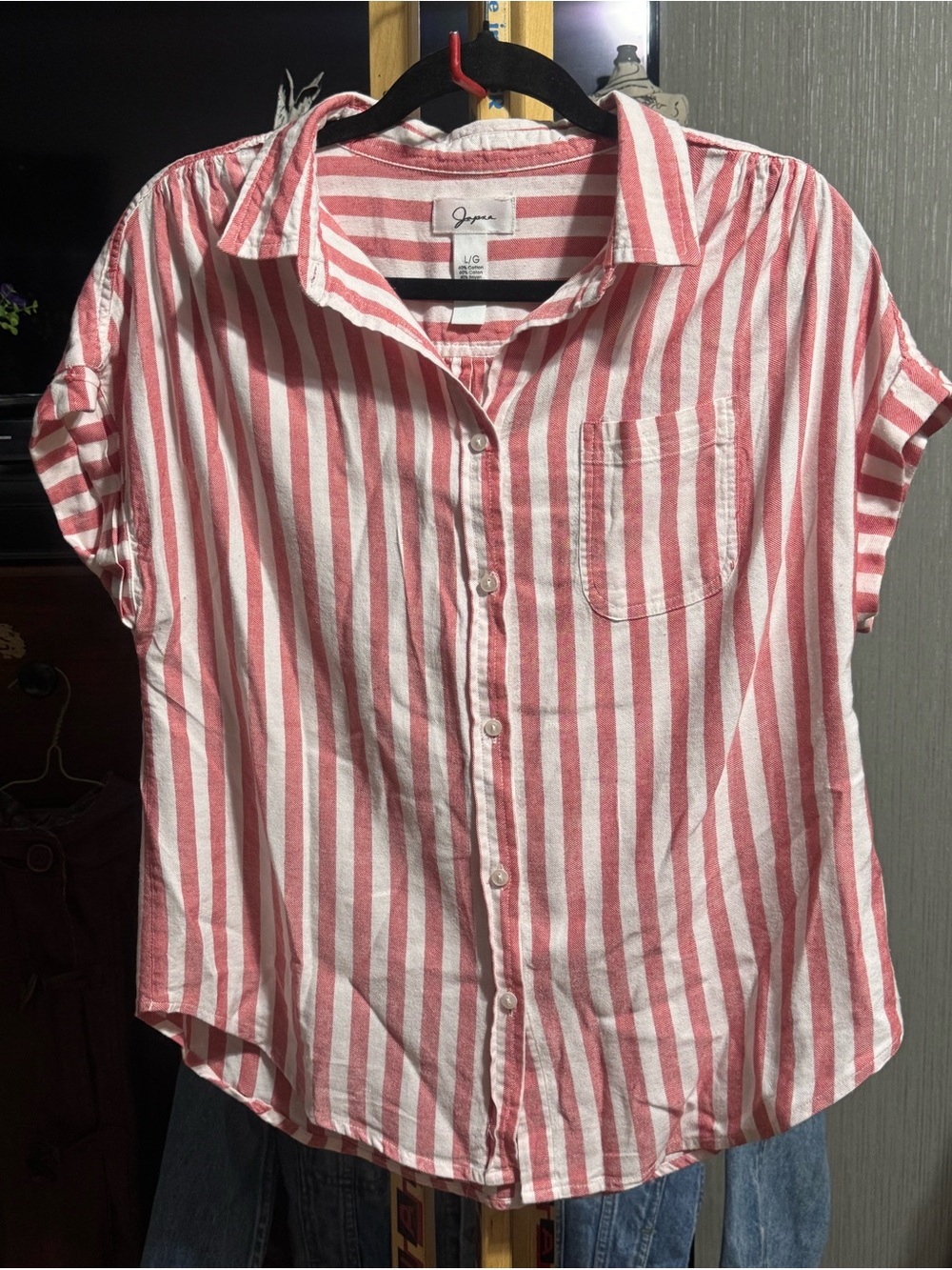 Japna Red and White Striped Short Sleeve Button-Down Blouse Size Large